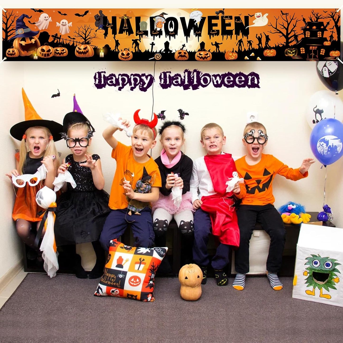 PartyYaa Halloween Banner Decorations, Long Halloween Banner Party Photo Booth, Pumpkin & Ghost Garden Fence Ornament for Indoor Outdoor