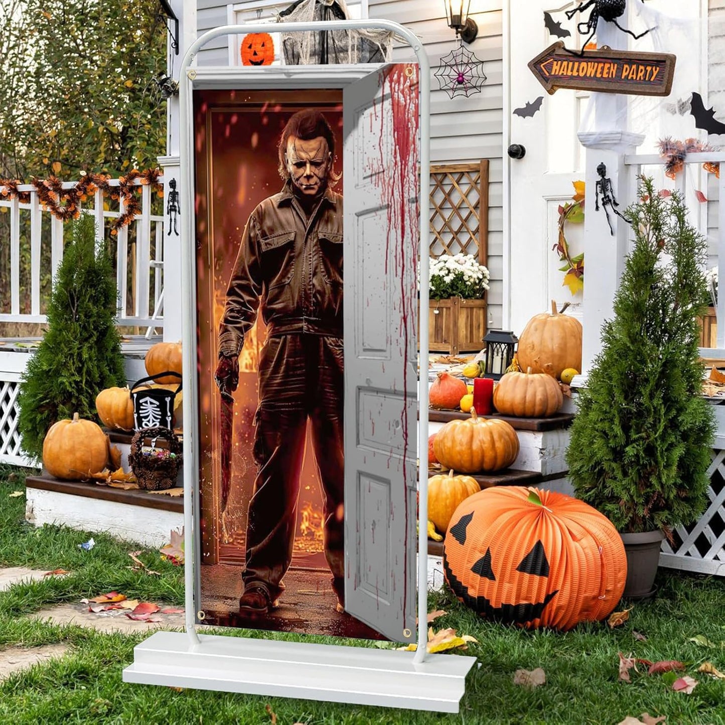 Halloween Banner Decorations - Classic Movie Character Door Cover for Horror Birthday Party, Scary Photo Background Banner