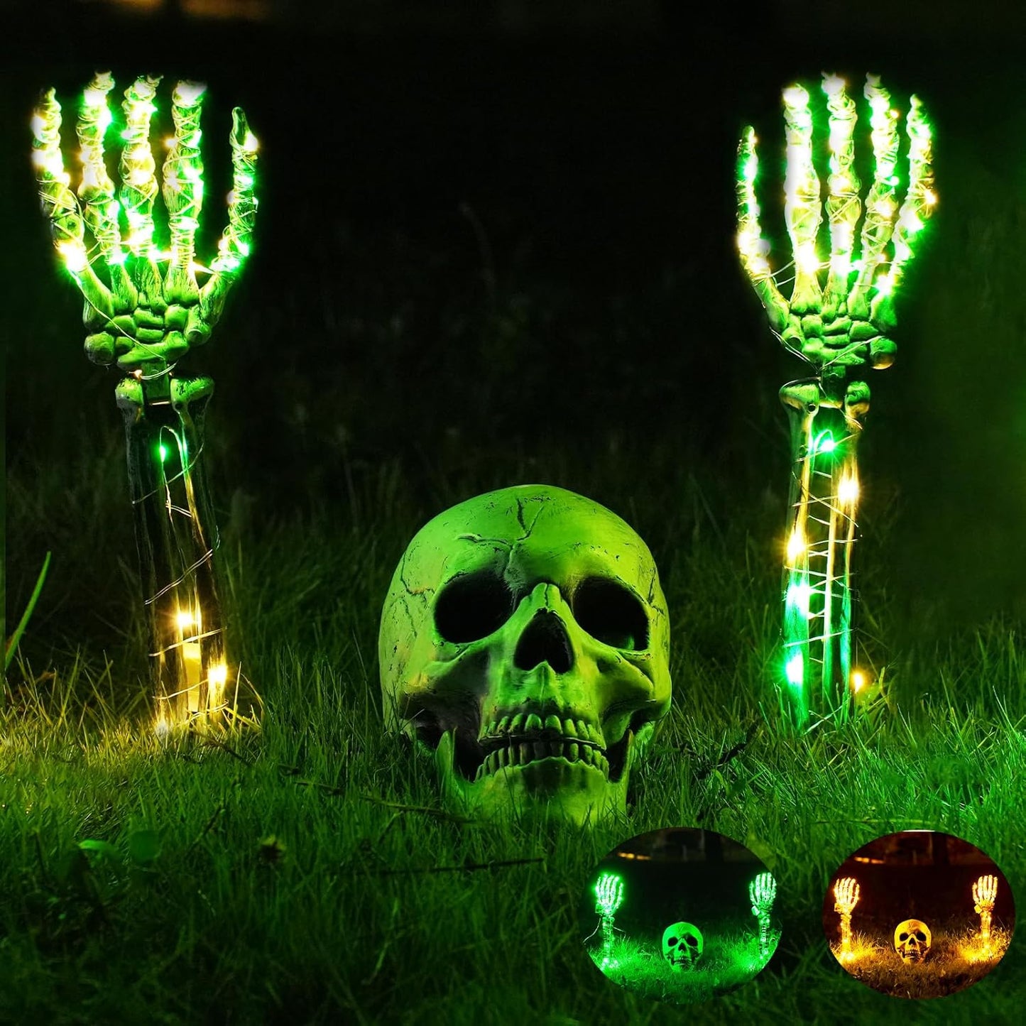 Maxee Halloween Lighted Skeleton Set, Skull Arms Stakes with 2 Blue 3 m LED Lights & 2 Green 3 m LED Lights (3 Modes), Realistic Halloween Decoration for Outdoor Garden Yard Graveyard