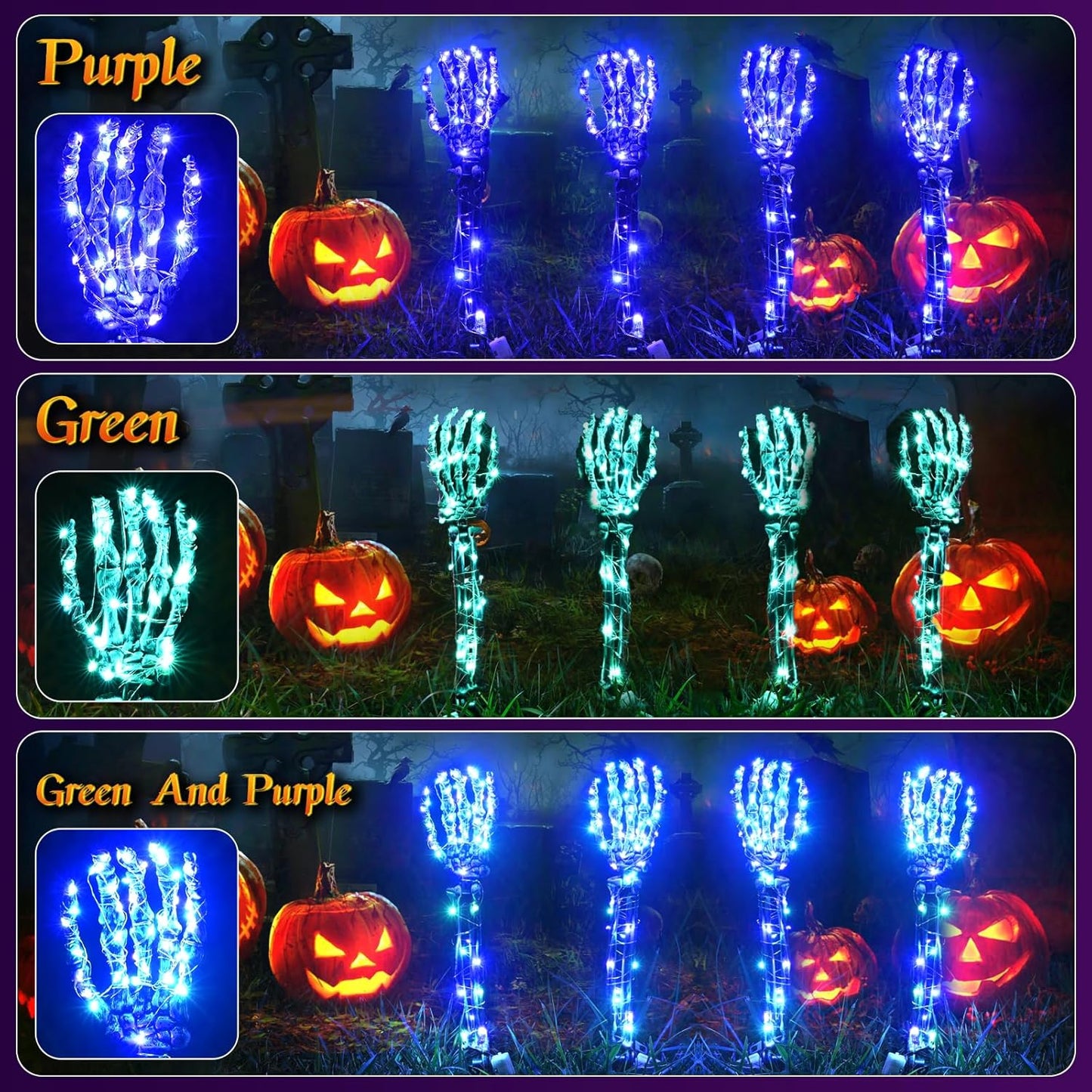 Maxee Halloween Lighted Skeleton Set, Skull Arms Stakes with 2 Blue 3 m LED Lights & 2 Green 3 m LED Lights (3 Modes), Realistic Halloween Decoration for Outdoor Garden Yard Graveyard