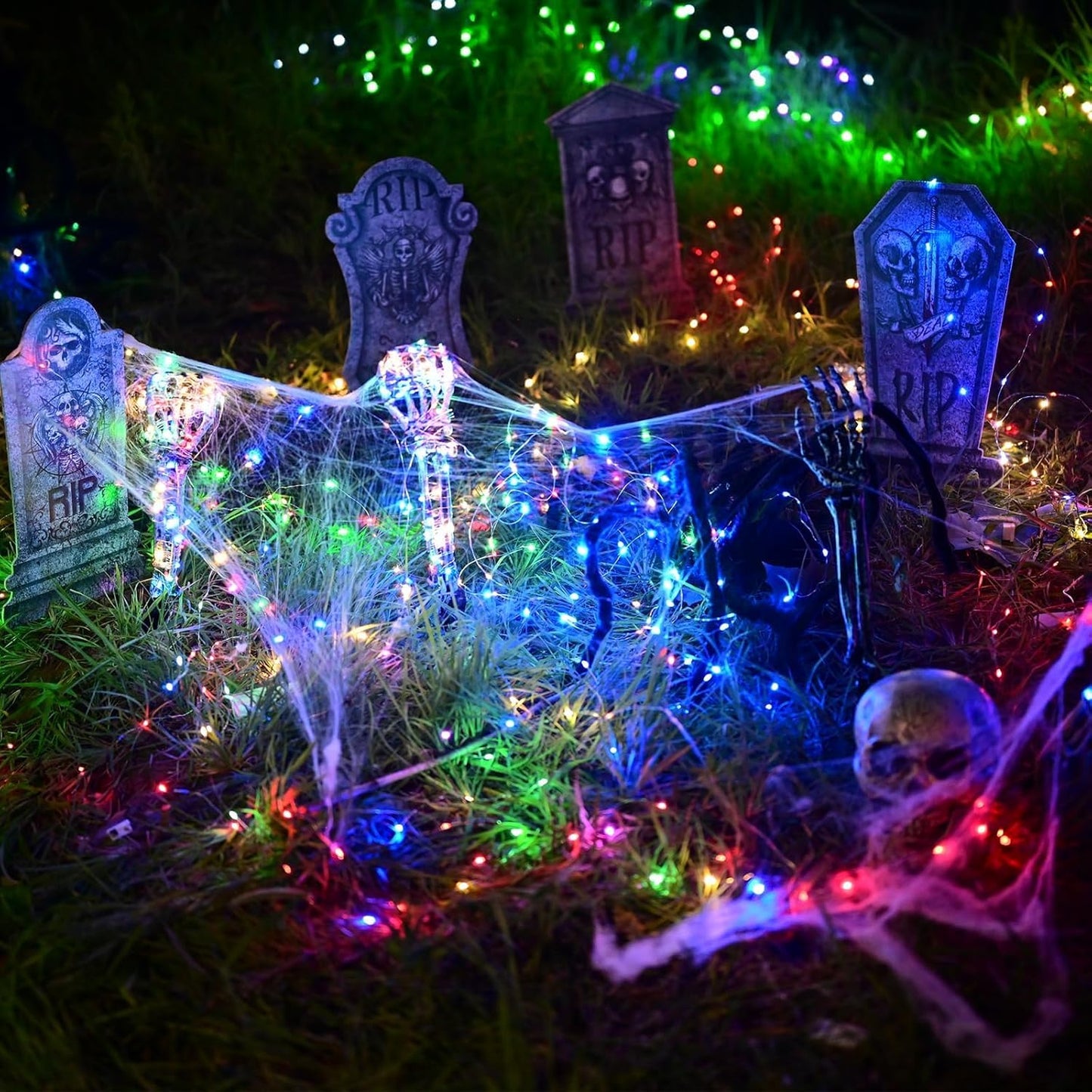 Maxee Halloween Lighted Skeleton Set, Skull Arms Stakes with 2 Blue 3 m LED Lights & 2 Green 3 m LED Lights (3 Modes), Realistic Halloween Decoration for Outdoor Garden Yard Graveyard