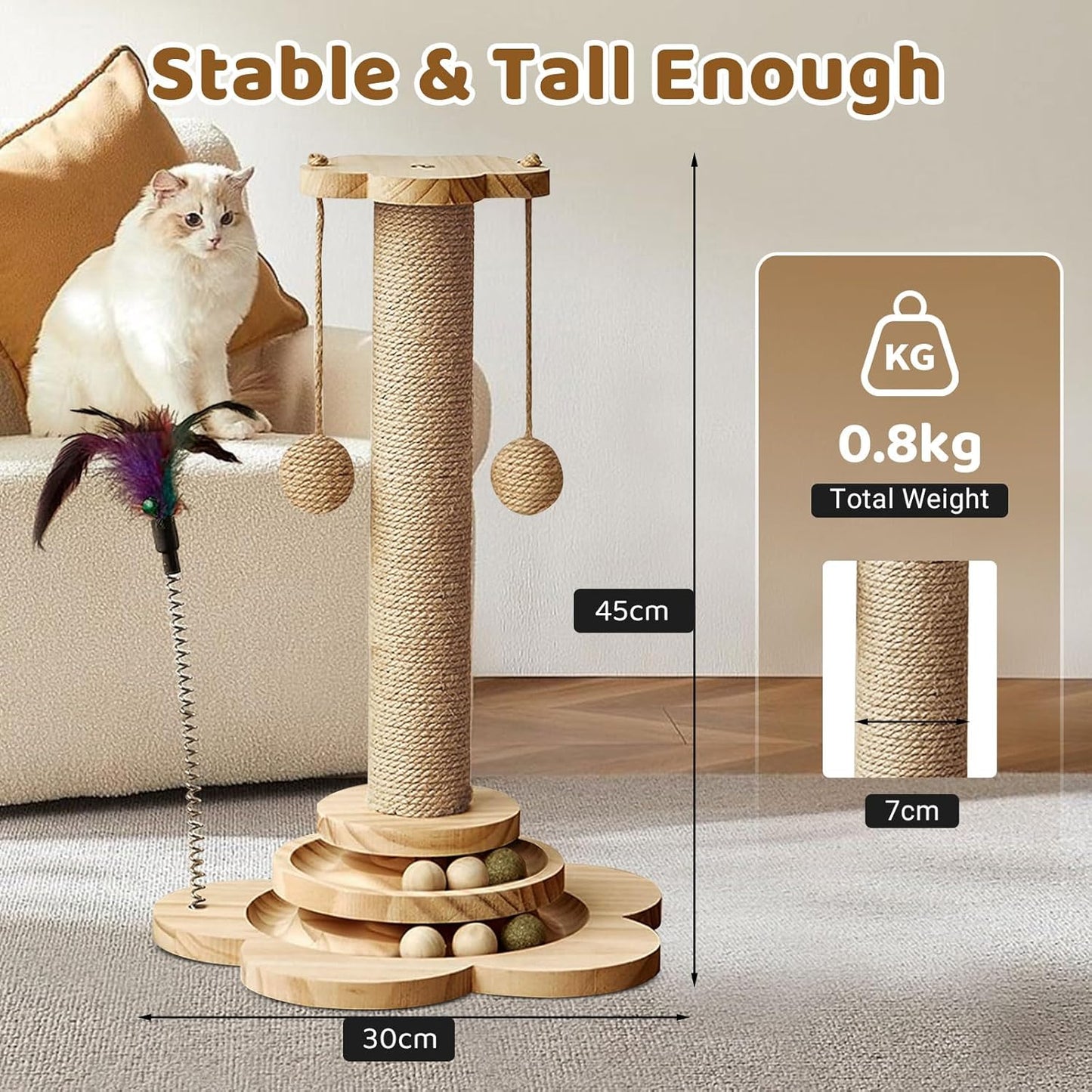 Cat Scratching Post with Natural Sisal - Sturdy Cat Scratcher for Indoor Smaller Cats, Kitten Toy with Scratching Posts, Play Platform & Toys, Easy Assembly, Space-Saving Design