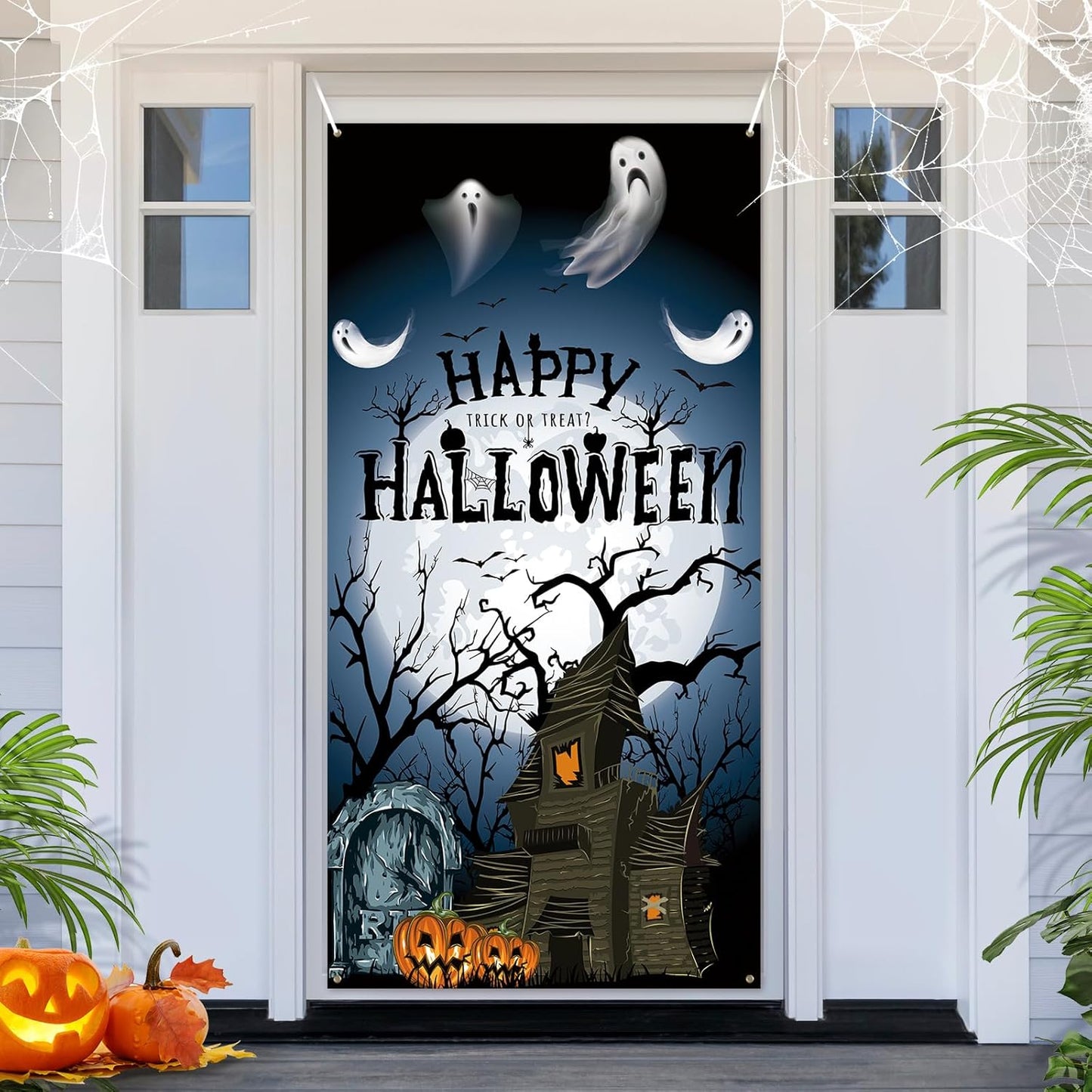 PartyYaa Halloween Banner Decorations, Long Halloween Banner Party Photo Booth, Pumpkin & Ghost Garden Fence Ornament for Indoor Outdoor