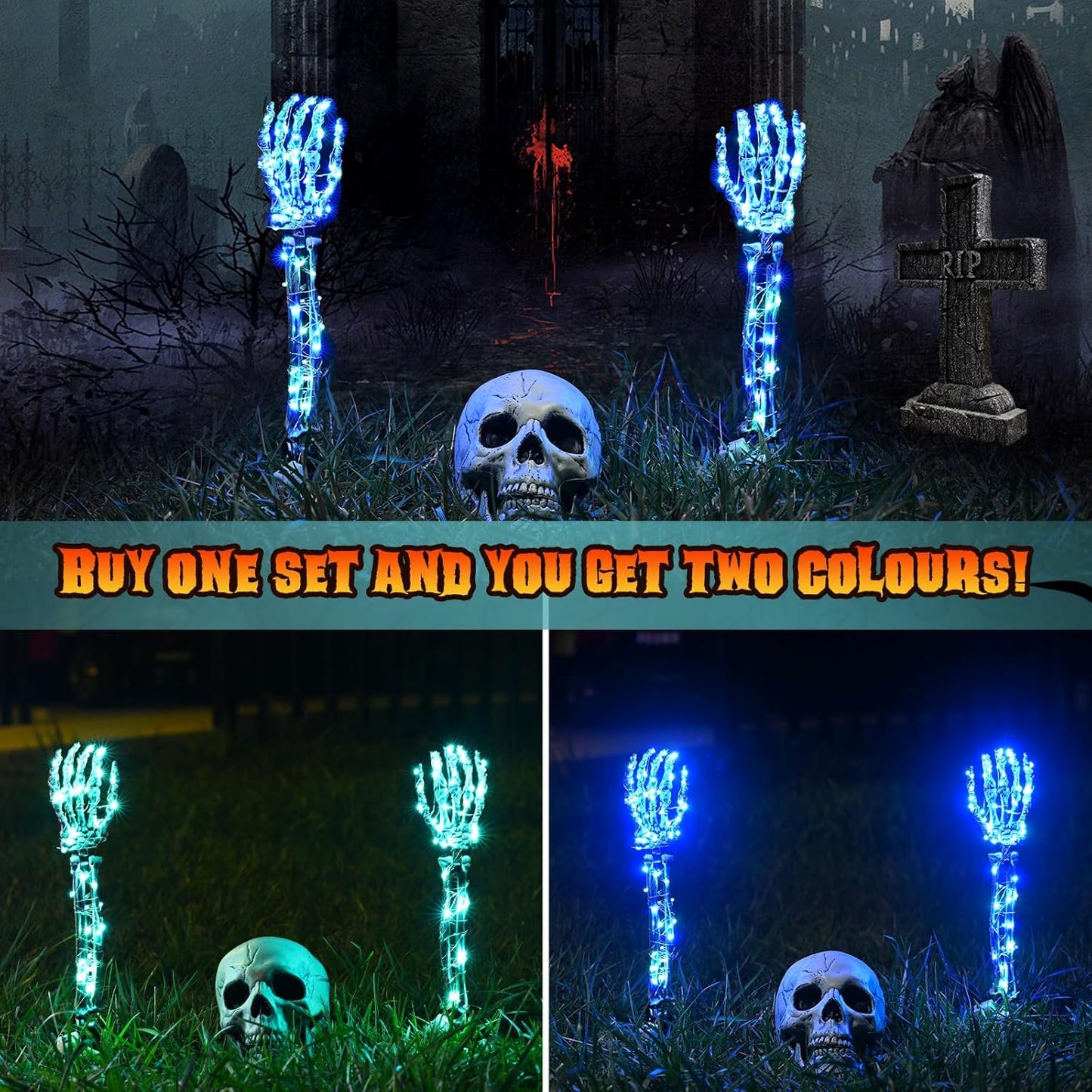 Maxee Halloween Lighted Skeleton Set, Skull Arms Stakes with 2 Blue 3 m LED Lights & 2 Green 3 m LED Lights (3 Modes), Realistic Halloween Decoration for Outdoor Garden Yard Graveyard