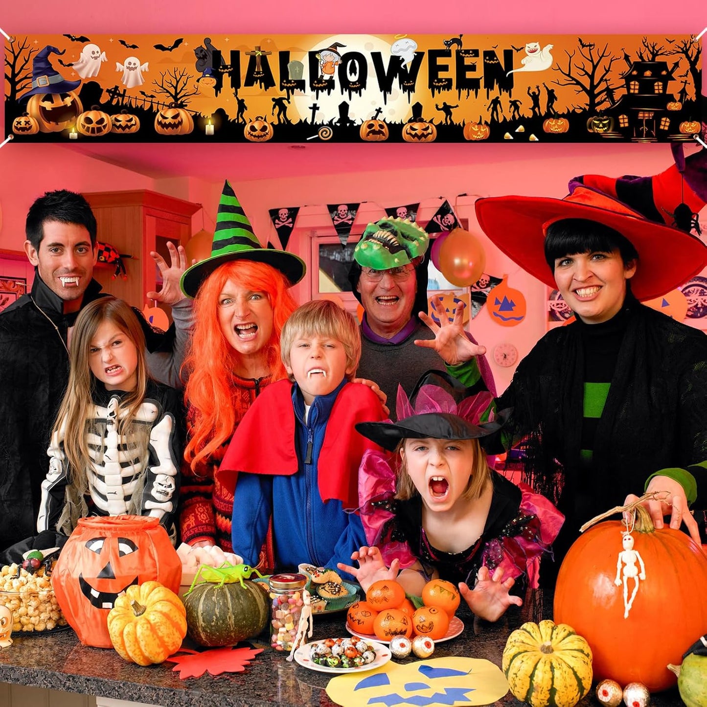 PartyYaa Halloween Banner Decorations, Long Halloween Banner Party Photo Booth, Pumpkin & Ghost Garden Fence Ornament for Indoor Outdoor