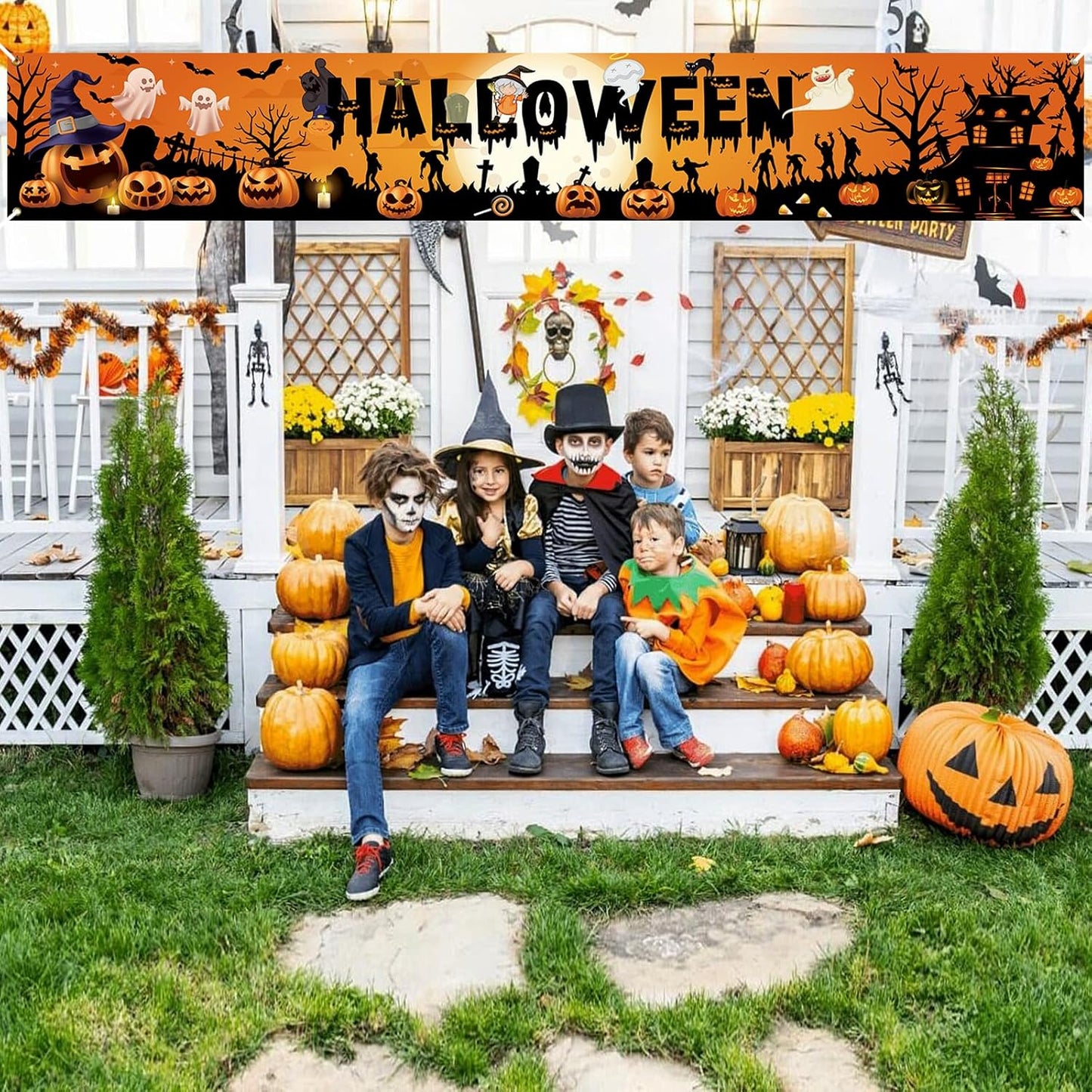 PartyYaa Halloween Banner Decorations, Long Halloween Banner Party Photo Booth, Pumpkin & Ghost Garden Fence Ornament for Indoor Outdoor