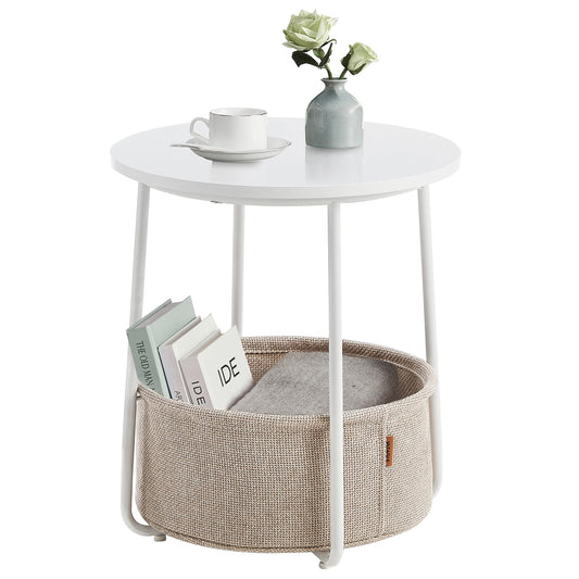 VASAGLE Side Table, Round End Table with Fabric Basket, Spacious, for Living Room Bedroom, Bedside Table, Modern Style, White and Beige LET223W10