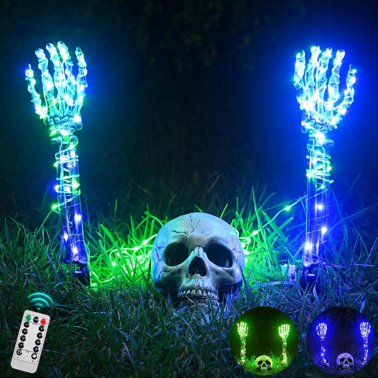 Maxee Halloween Lighted Skeleton Set, Skull Arms Stakes with 2 Blue 3 m LED Lights & 2 Green 3 m LED Lights (3 Modes), Realistic Halloween Decoration for Outdoor Garden Yard Graveyard