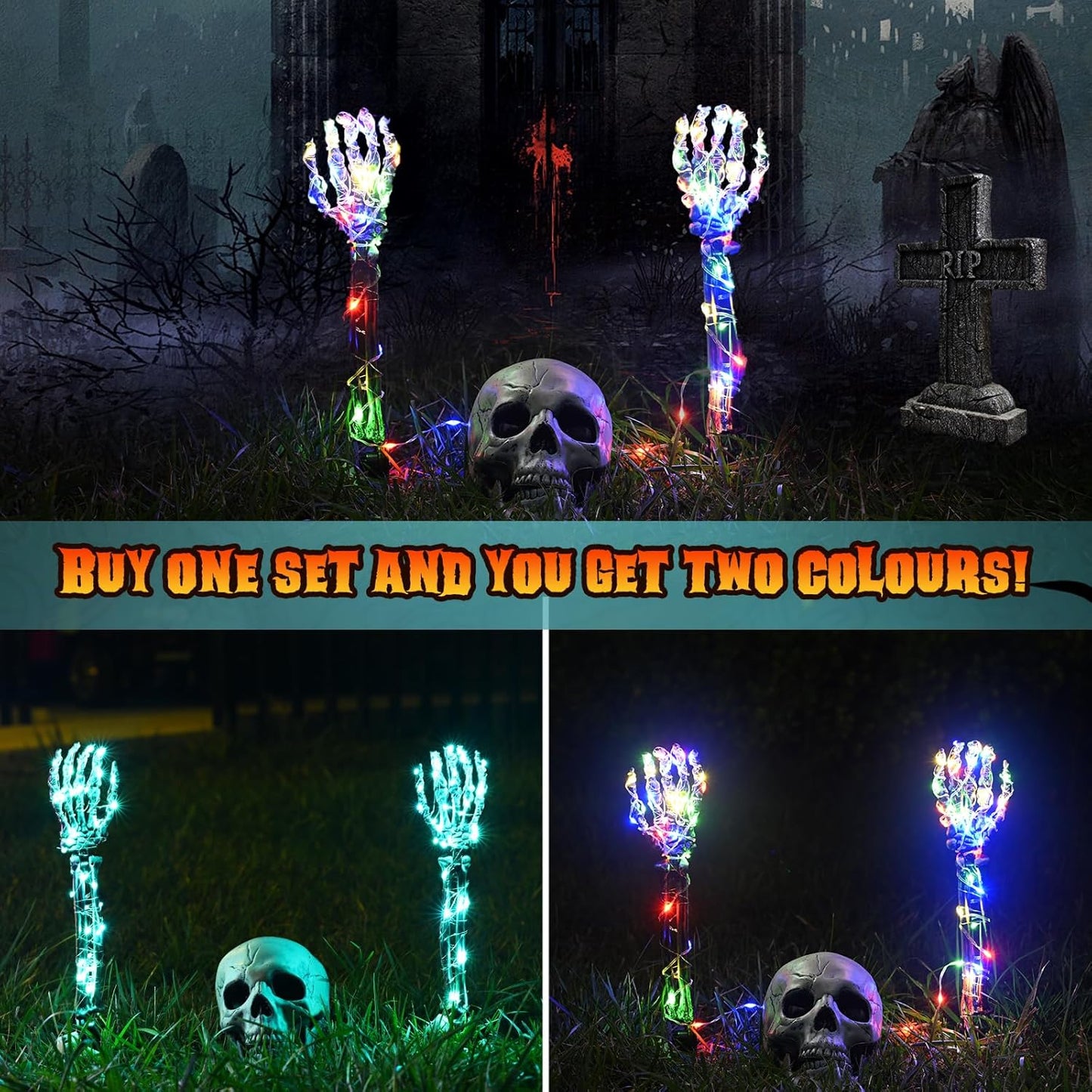 Maxee Halloween Lighted Skeleton Set, Skull Arms Stakes with 2 Blue 3 m LED Lights & 2 Green 3 m LED Lights (3 Modes), Realistic Halloween Decoration for Outdoor Garden Yard Graveyard