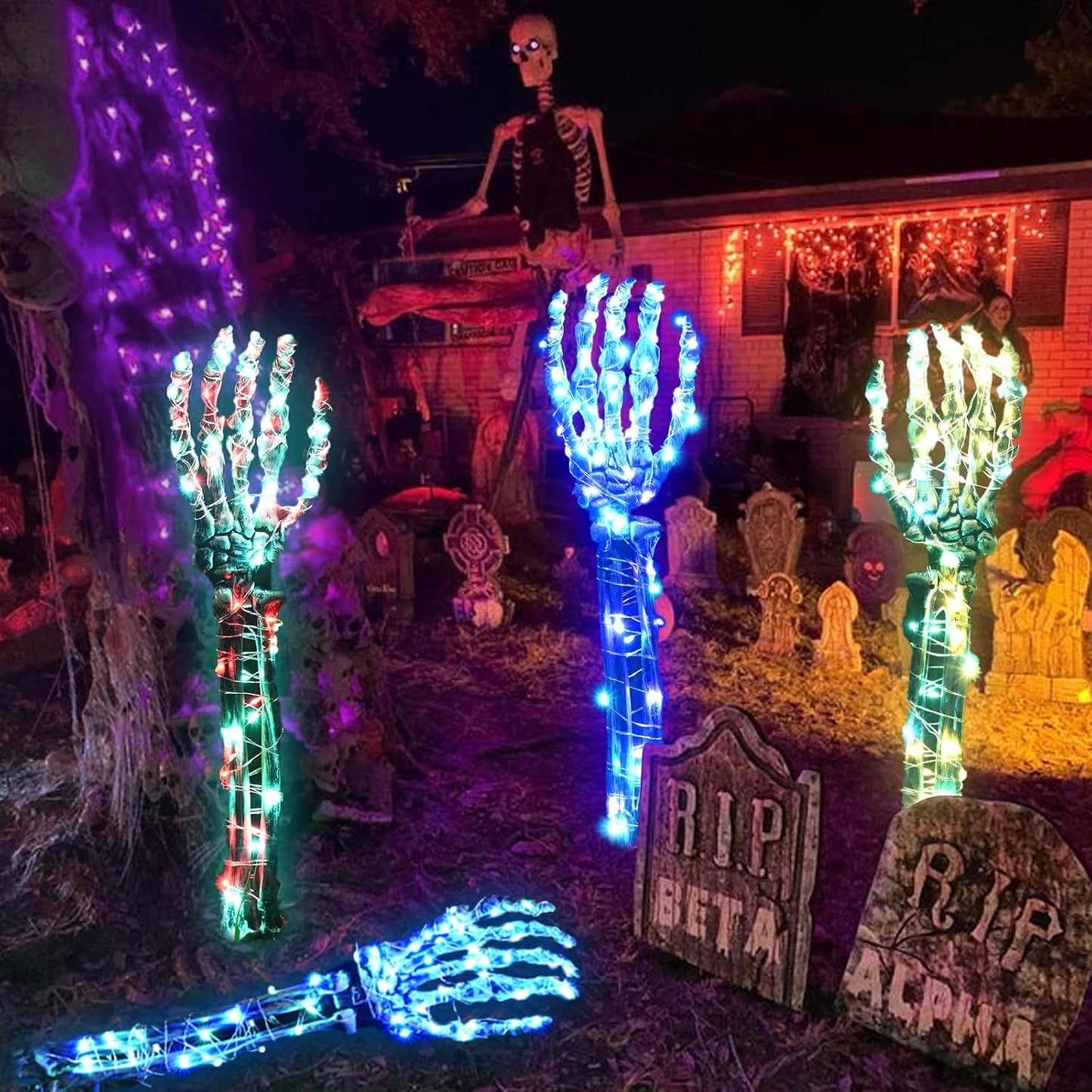 Maxee Halloween Lighted Skeleton Set, Skull Arms Stakes with 2 Blue 3 m LED Lights & 2 Green 3 m LED Lights (3 Modes), Realistic Halloween Decoration for Outdoor Garden Yard Graveyard