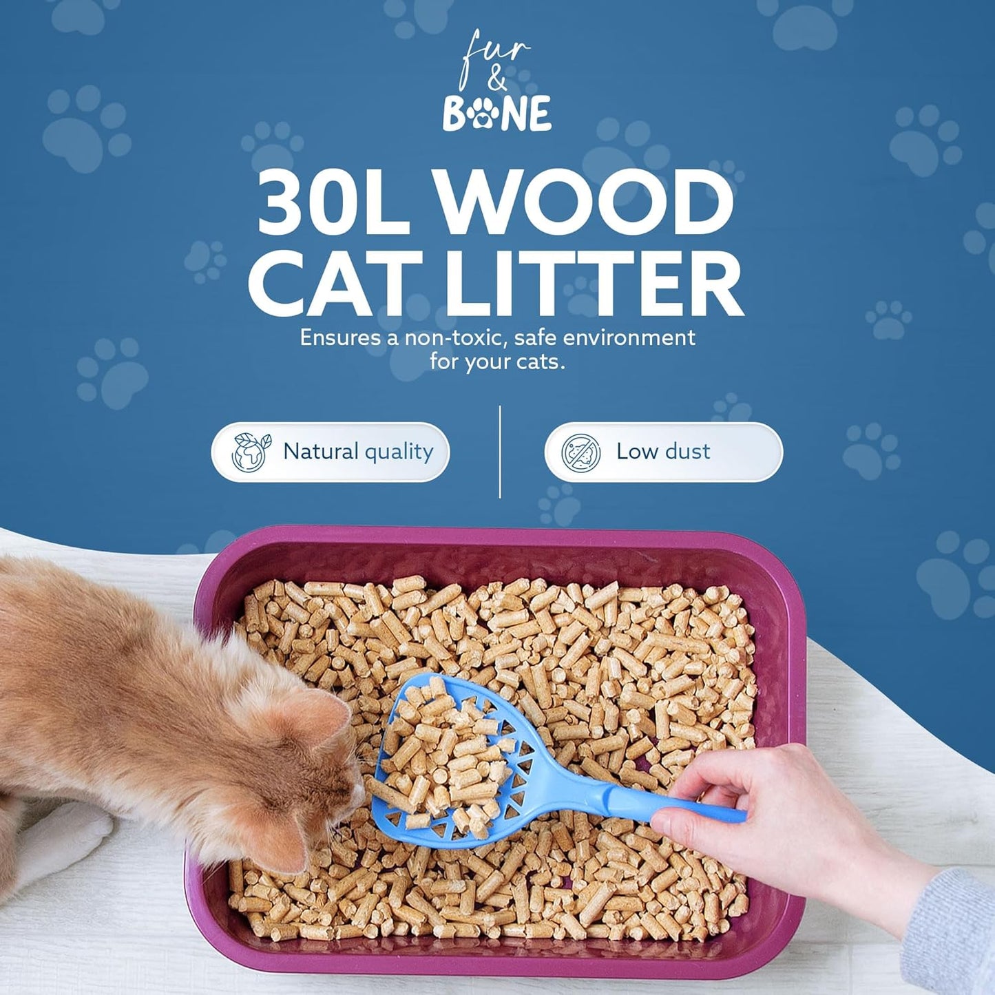 Fur & Bone 1 x 30L Cat Litter - Ultra Absorbent Biodegradable Wooden Pellets, Natural Scent, Odour Control, Soft Bedding for Comfort, Made from Virgin Wood - Scandinavian Timber Aroma