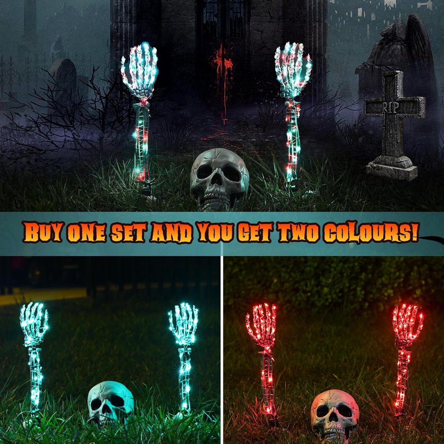 Maxee Halloween Lighted Skeleton Set, Skull Arms Stakes with 2 Blue 3 m LED Lights & 2 Green 3 m LED Lights (3 Modes), Realistic Halloween Decoration for Outdoor Garden Yard Graveyard