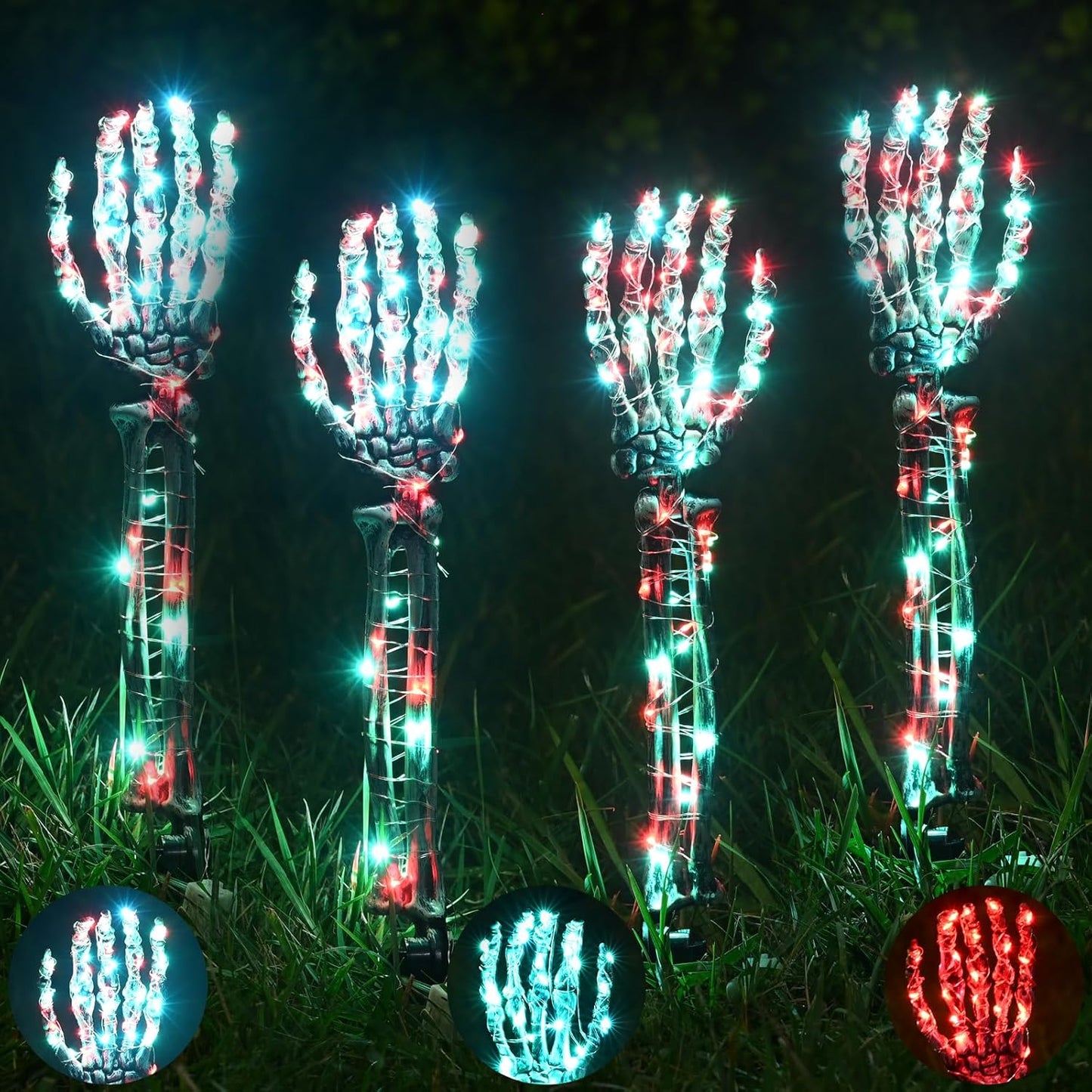 Maxee Halloween Lighted Skeleton Set, Skull Arms Stakes with 2 Blue 3 m LED Lights & 2 Green 3 m LED Lights (3 Modes), Realistic Halloween Decoration for Outdoor Garden Yard Graveyard