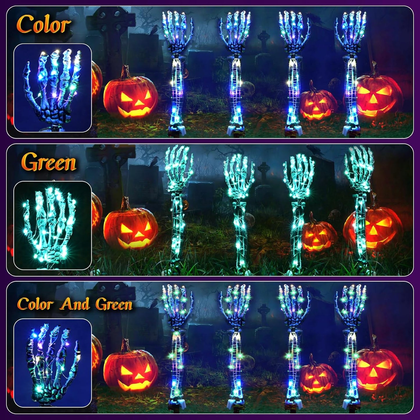 Maxee Halloween Lighted Skeleton Set, Skull Arms Stakes with 2 Blue 3 m LED Lights & 2 Green 3 m LED Lights (3 Modes), Realistic Halloween Decoration for Outdoor Garden Yard Graveyard