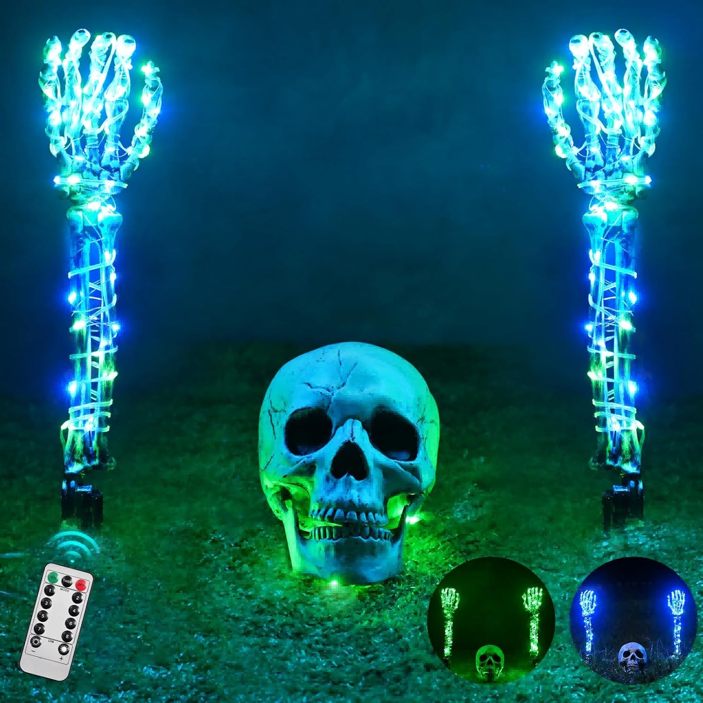 Maxee Halloween Lighted Skeleton Set, Skull Arms Stakes with 2 Blue 3 m LED Lights & 2 Green 3 m LED Lights (3 Modes), Realistic Halloween Decoration for Outdoor Garden Yard Graveyard