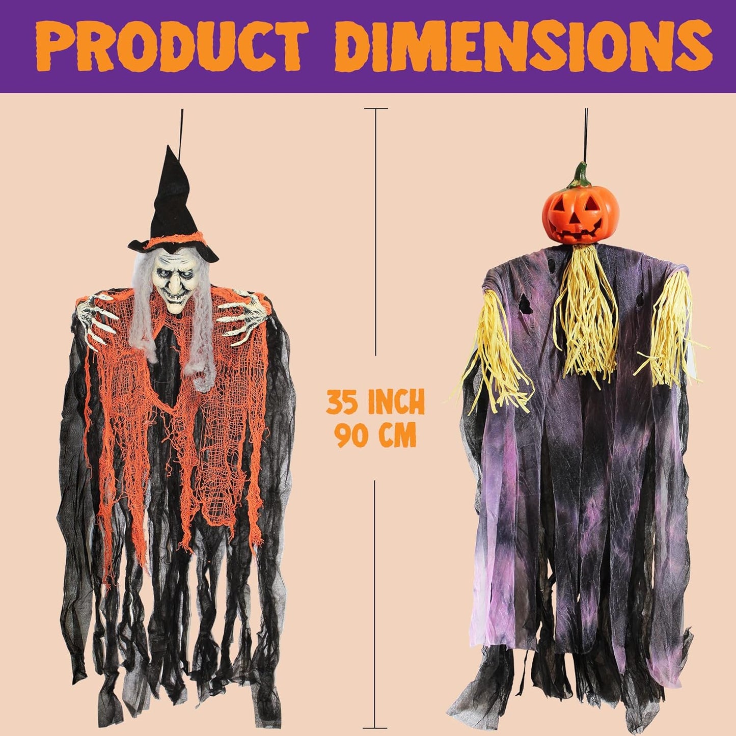 JOYIN 35" Hanging Ghost Halloween Decorations - Grim Reaper, Witch for Outdoor Decor (3 Pack)