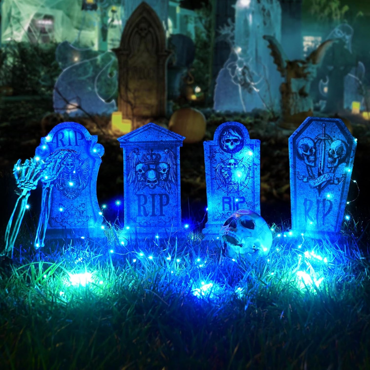 Maxee Halloween Lighted Skeleton Set, Skull Arms Stakes with 2 Blue 3 m LED Lights & 2 Green 3 m LED Lights (3 Modes), Realistic Halloween Decoration for Outdoor Garden Yard Graveyard