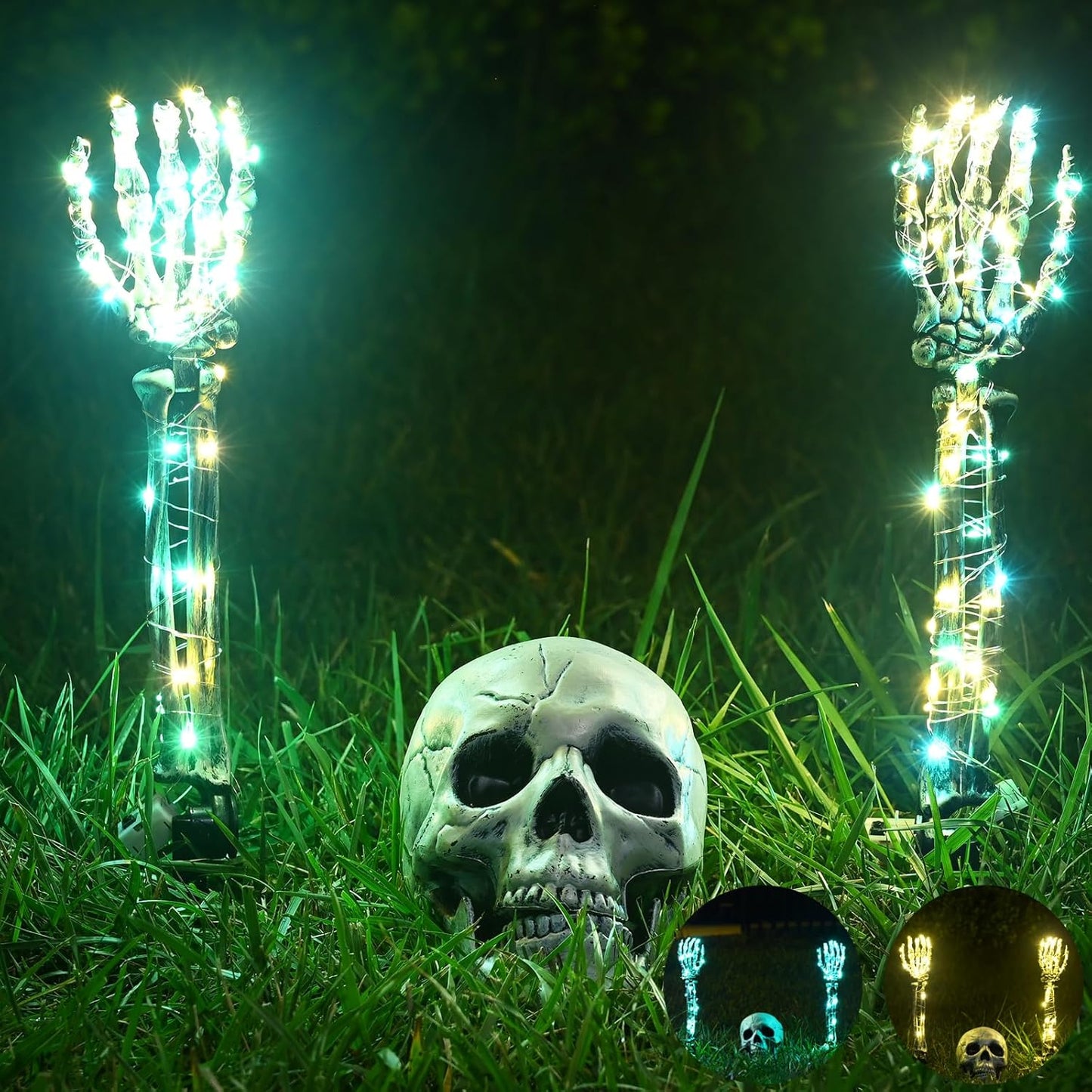Maxee Halloween Lighted Skeleton Set, Skull Arms Stakes with 2 Blue 3 m LED Lights & 2 Green 3 m LED Lights (3 Modes), Realistic Halloween Decoration for Outdoor Garden Yard Graveyard