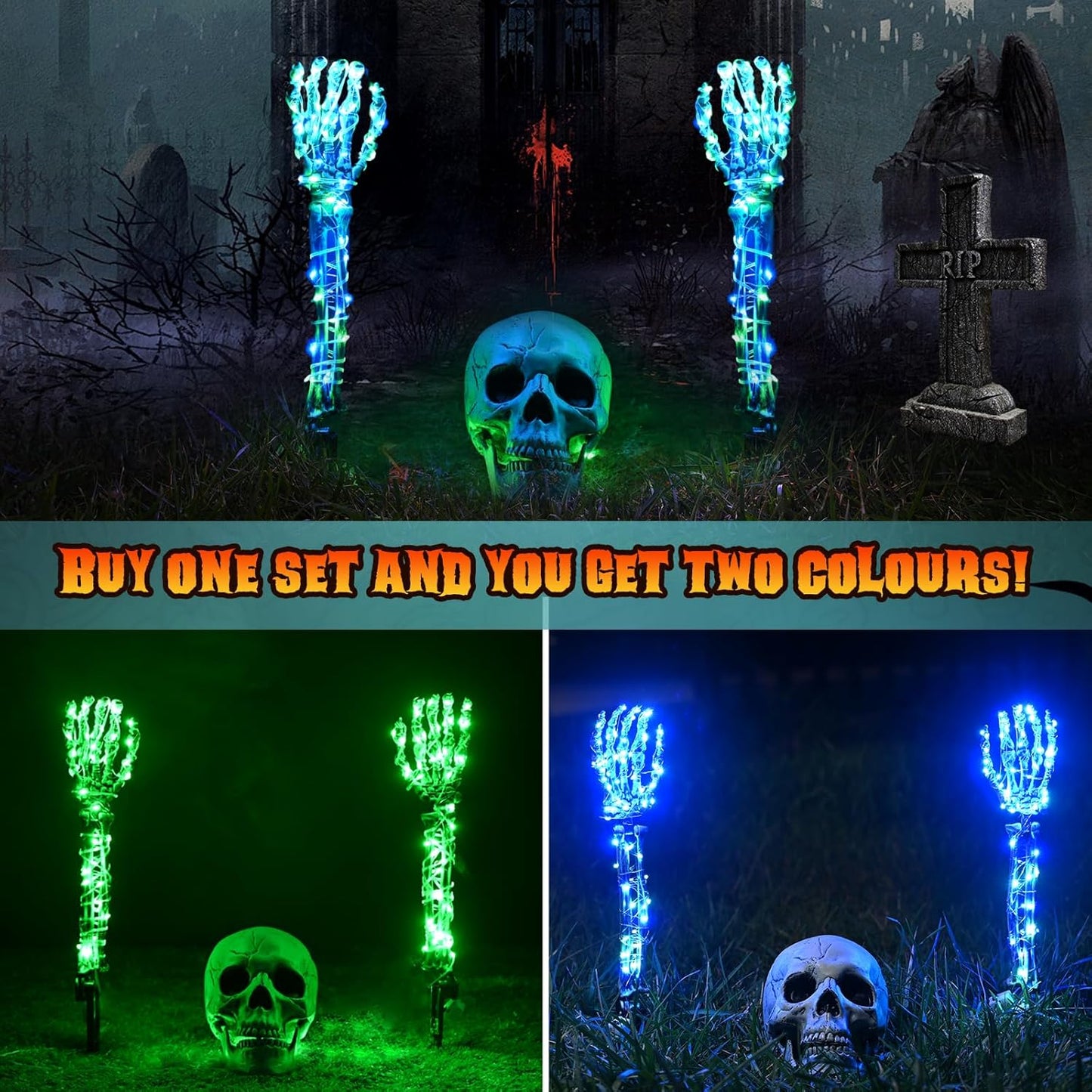 Maxee Halloween Lighted Skeleton Set, Skull Arms Stakes with 2 Blue 3 m LED Lights & 2 Green 3 m LED Lights (3 Modes), Realistic Halloween Decoration for Outdoor Garden Yard Graveyard