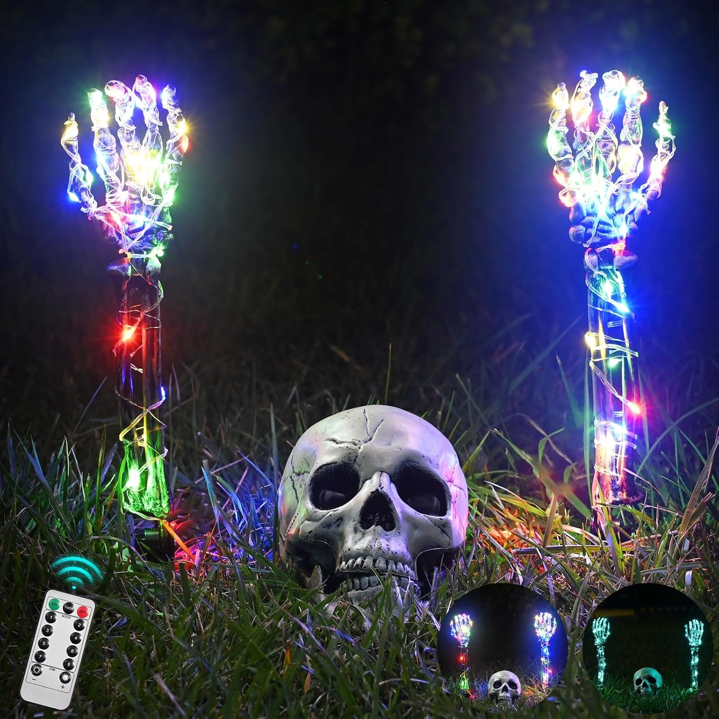 Maxee Halloween Lighted Skeleton Set, Skull Arms Stakes with 2 Blue 3 m LED Lights & 2 Green 3 m LED Lights (3 Modes), Realistic Halloween Decoration for Outdoor Garden Yard Graveyard