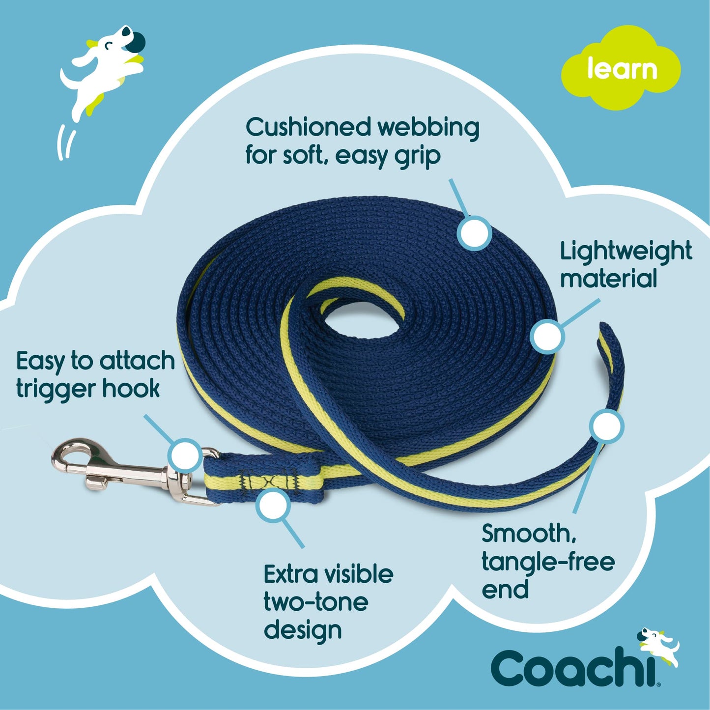 Coachi Training Line 5m, Safe Training Outdoors, Recall Training, Dog & Puppy Socialization, Lightweight, Soft to Hold, Suitable for Small & Medium Dogs & Puppies, Navy and Lime