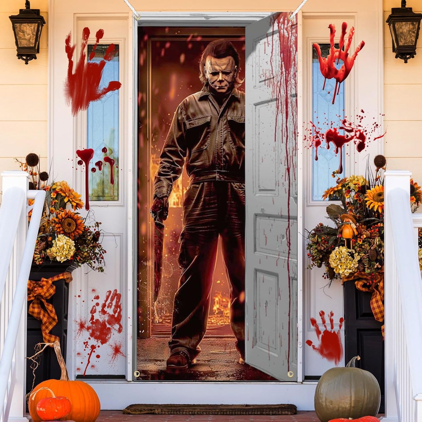 Halloween Banner Decorations - Classic Movie Character Door Cover for Horror Birthday Party, Scary Photo Background Banner