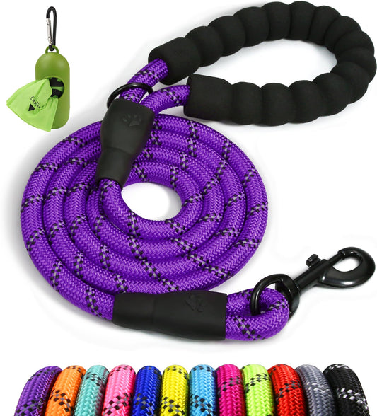 Taglory Rope Dog Leash 5 FT with Comfortable Padded Handle, Highly Reflective Threads Leash for Medium Large Dogs, 1/2 inch, Purple