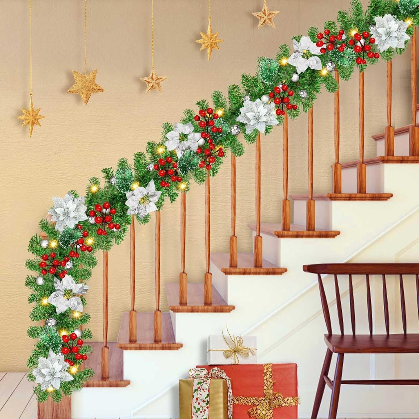 Christmas garland,christmas garland with lights,2.7M/ 9FT Christmas Garland Decorations Illuminated with LED Lights,for Stairs Fireplaces Christmas Festive Wreath Xmas Decor