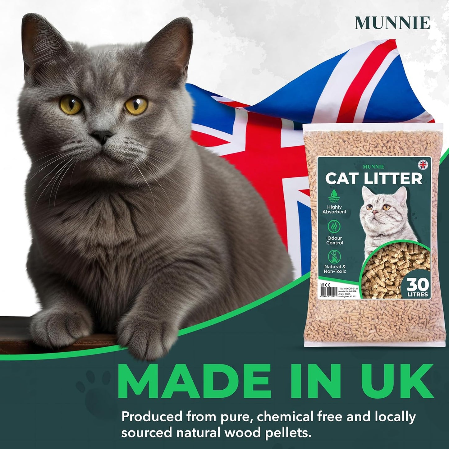 Munnie Natural Wood Pellet Cat Litter – Biodegradable, Dust-Free, Unscented, Safe for Kittens & Cats