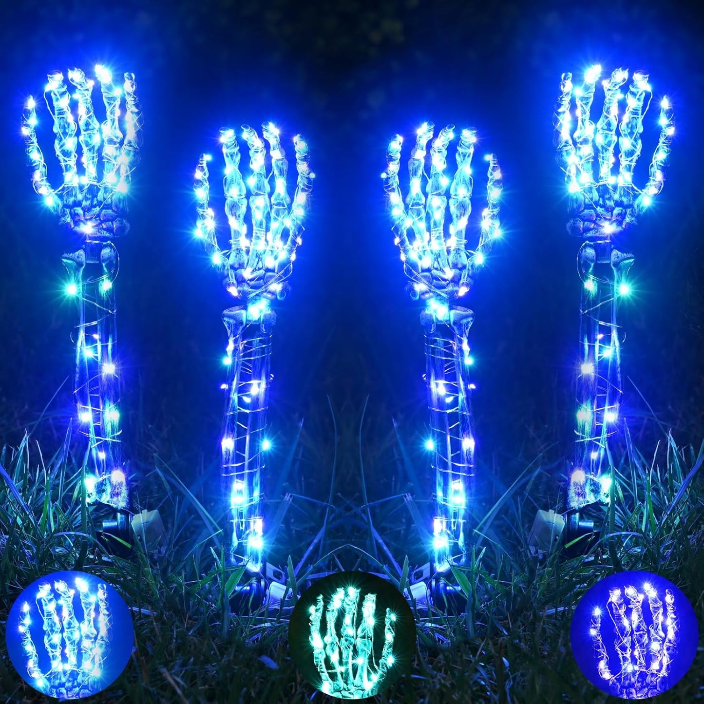Maxee Halloween Lighted Skeleton Set, Skull Arms Stakes with 2 Blue 3 m LED Lights & 2 Green 3 m LED Lights (3 Modes), Realistic Halloween Decoration for Outdoor Garden Yard Graveyard