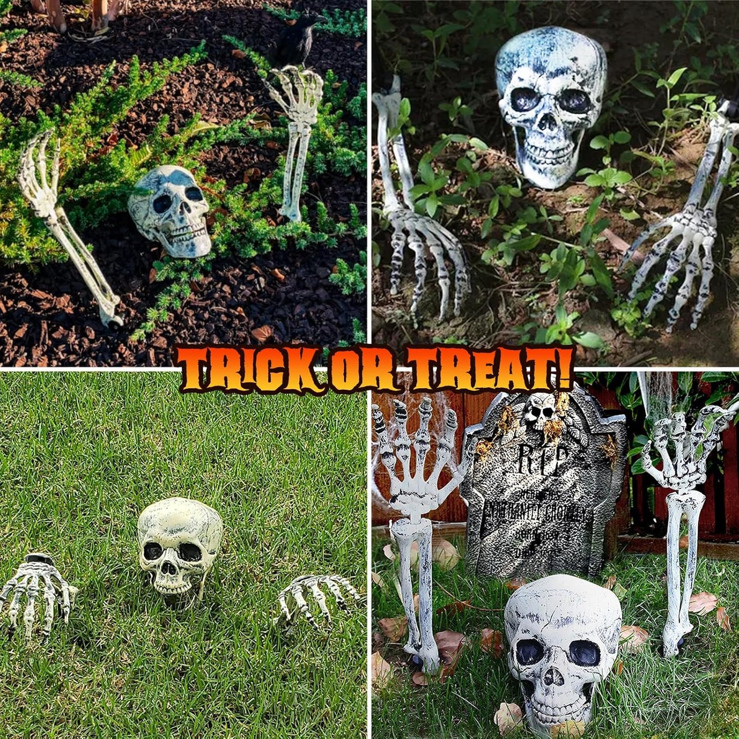 Maxee Halloween Lighted Skeleton Set, Skull Arms Stakes with 2 Blue 3 m LED Lights & 2 Green 3 m LED Lights (3 Modes), Realistic Halloween Decoration for Outdoor Garden Yard Graveyard