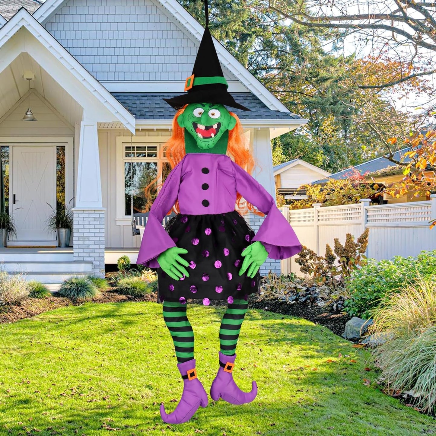 POPGIFTU 160cm Crashing Witch Halloween Decoration – Flying Witch Into Tree Hanging Prop for Garden, Front Porch, Pillars, Front Door & Haunted House Décor