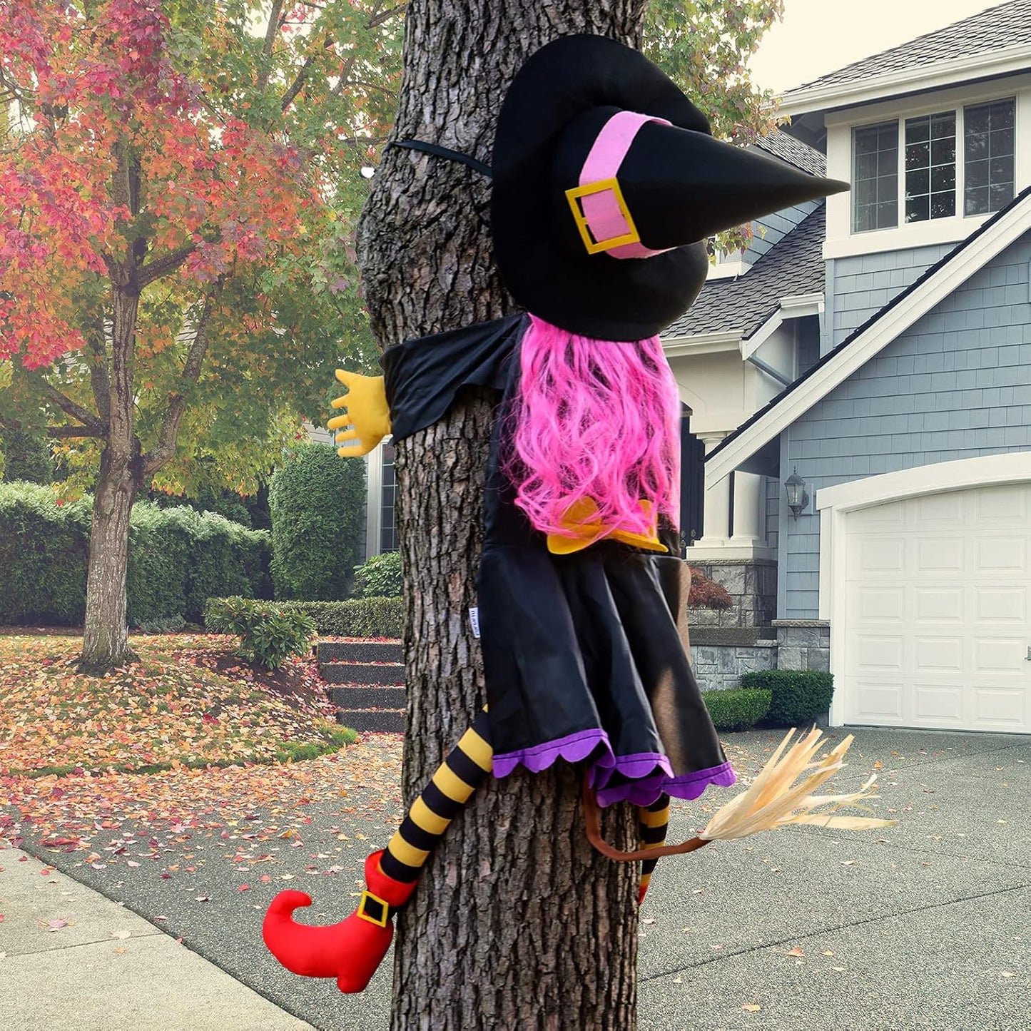 POPGIFTU 160cm Crashing Witch Halloween Decoration – Flying Witch Into Tree Hanging Prop for Garden, Front Porch, Pillars, Front Door & Haunted House Décor