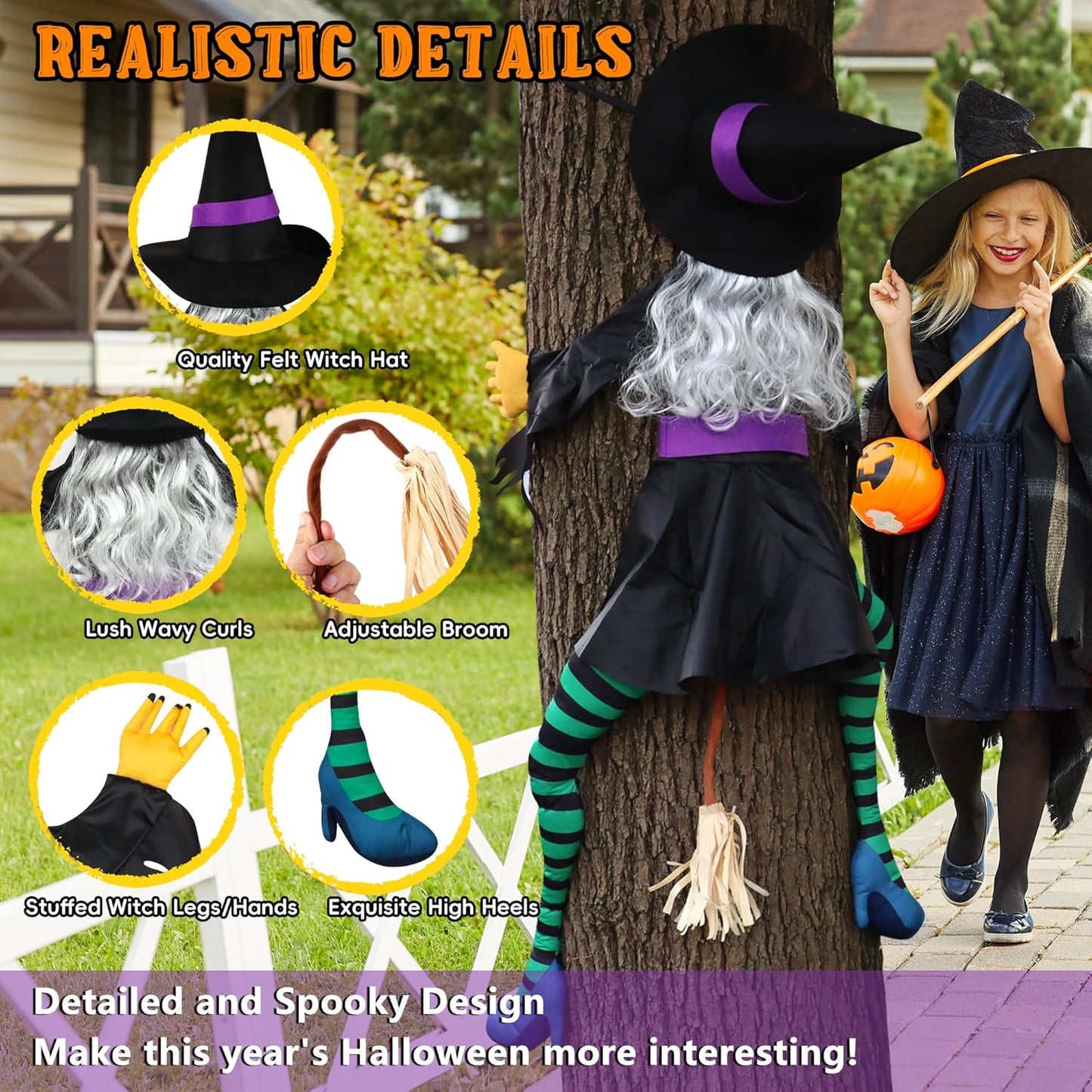 POPGIFTU 160cm Crashing Witch Halloween Decoration – Flying Witch Into Tree Hanging Prop for Garden, Front Porch, Pillars, Front Door & Haunted House Décor