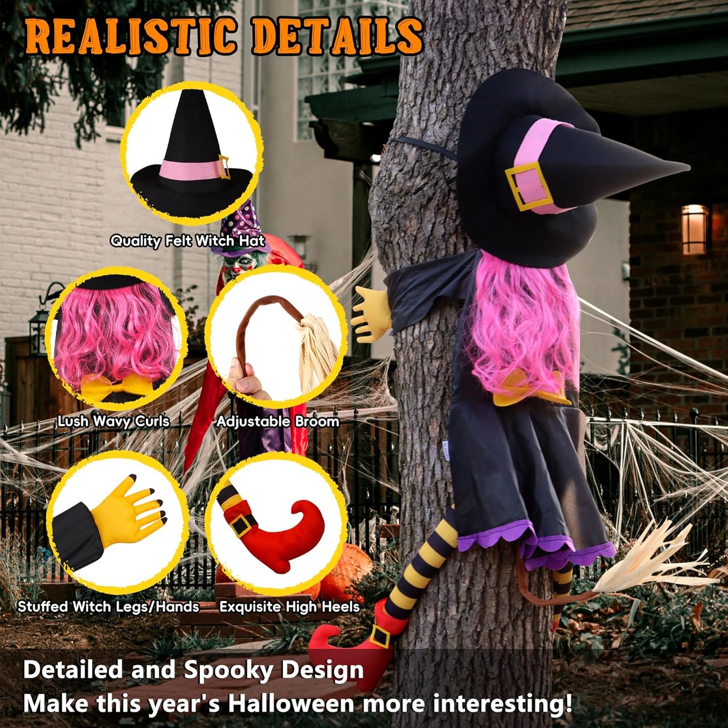 POPGIFTU 160cm Crashing Witch Halloween Decoration – Flying Witch Into Tree Hanging Prop for Garden, Front Porch, Pillars, Front Door & Haunted House Décor