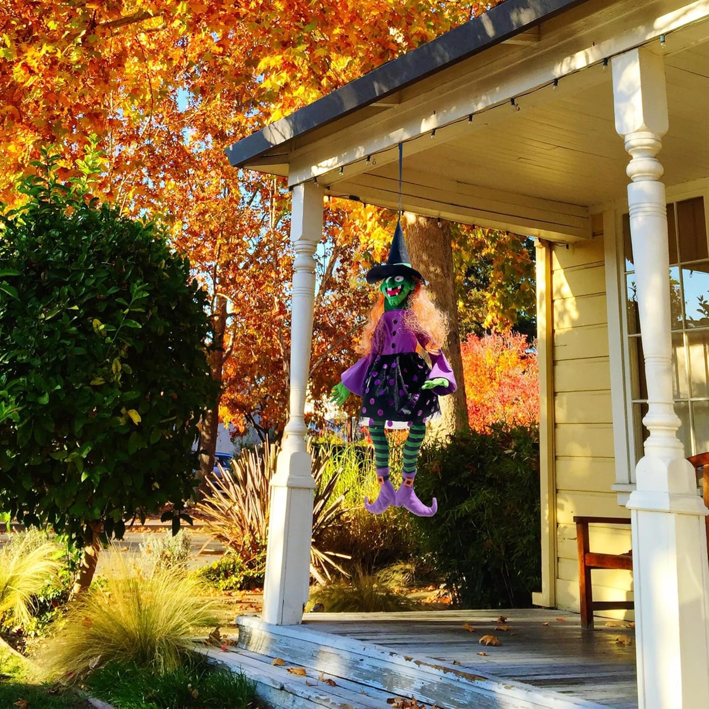 POPGIFTU 160cm Crashing Witch Halloween Decoration – Flying Witch Into Tree Hanging Prop for Garden, Front Porch, Pillars, Front Door & Haunted House Décor