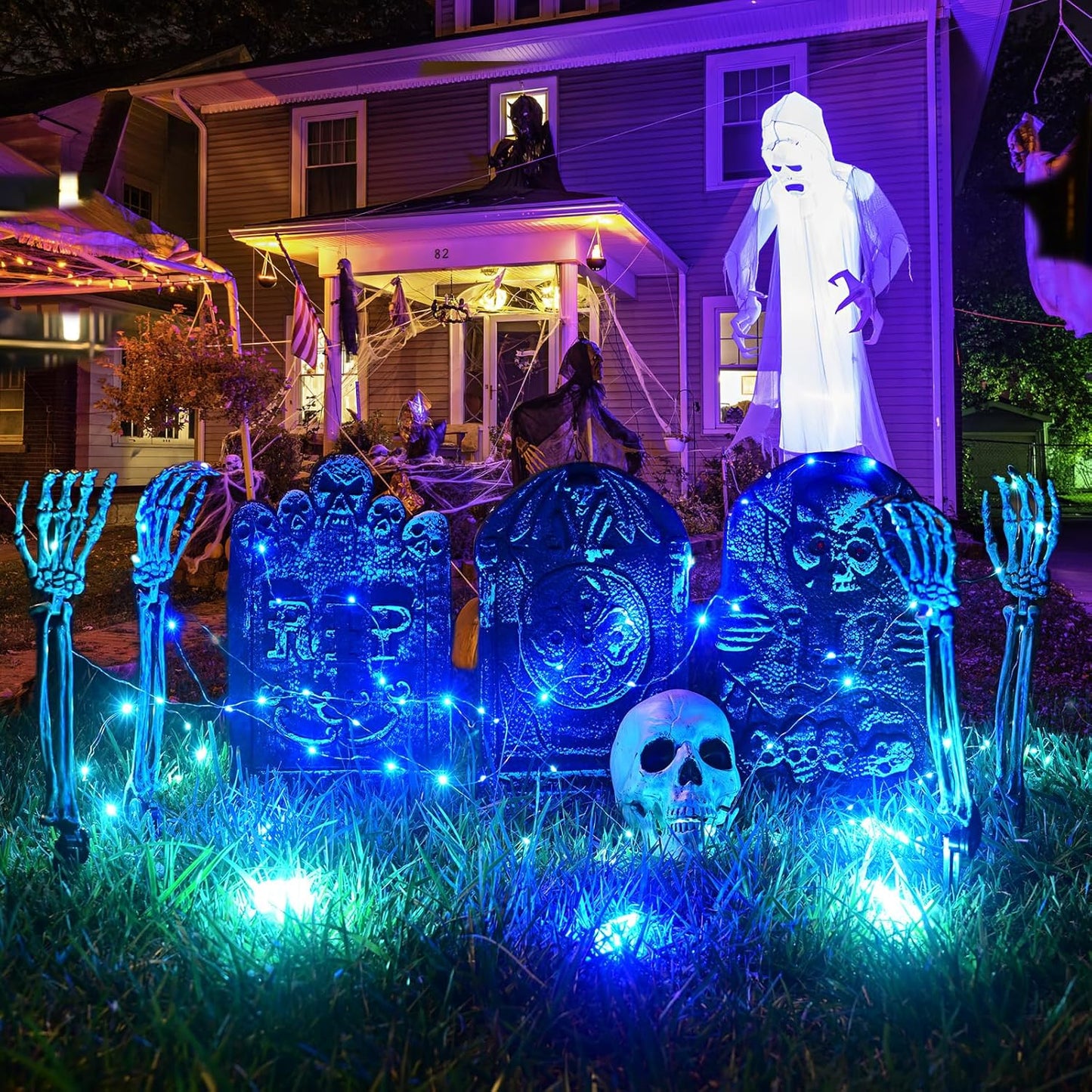 Maxee Halloween Lighted Skeleton Set, Skull Arms Stakes with 2 Blue 3 m LED Lights & 2 Green 3 m LED Lights (3 Modes), Realistic Halloween Decoration for Outdoor Garden Yard Graveyard