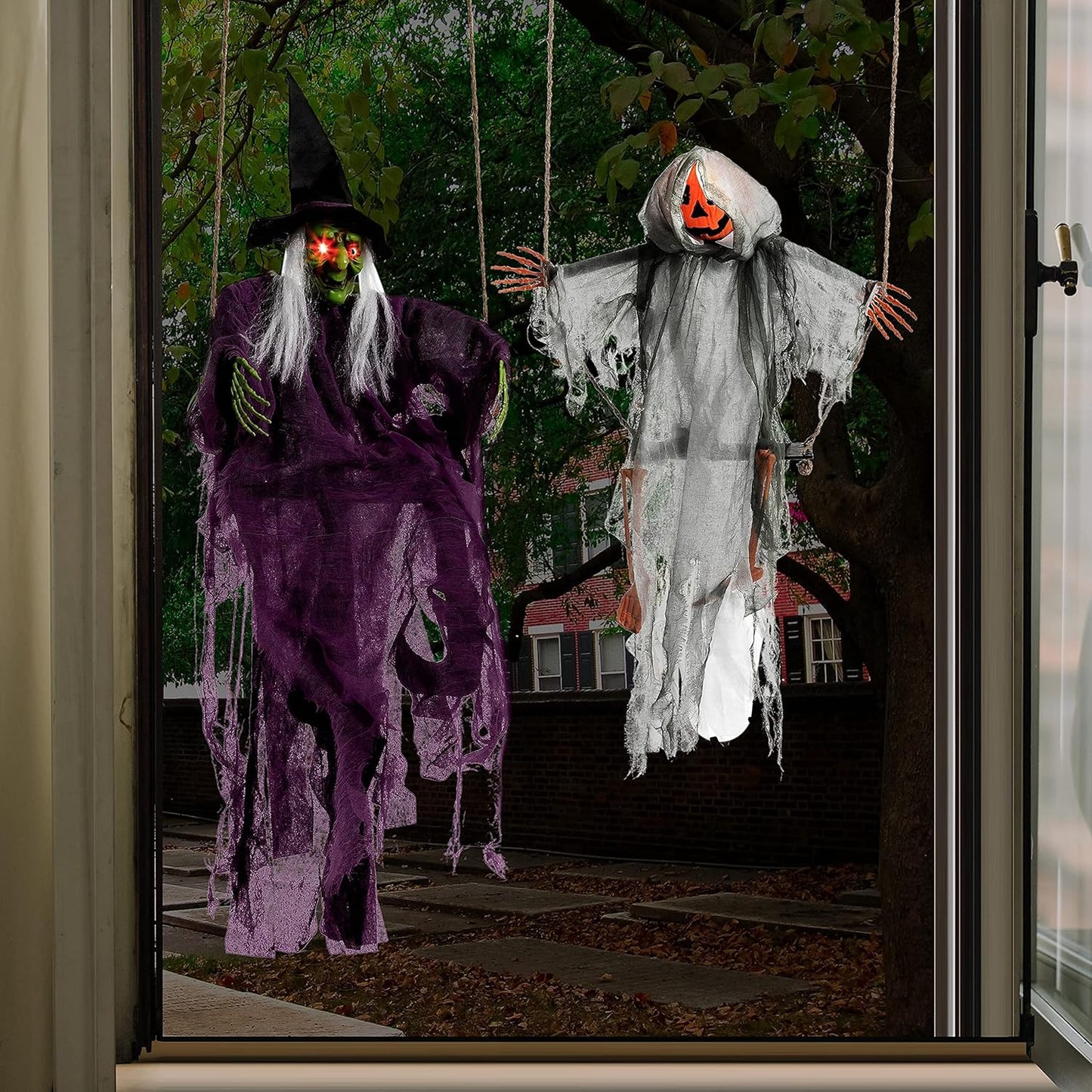 JOYIN 2 Packs Light Up Halloween Hanging Ghosts with Lighted Eyes, 3ft Swinging Skeleton Ghosts Outdoor Decoration, Black White Flying Ghosts for Yard Patio Lawn Garden Party Décor