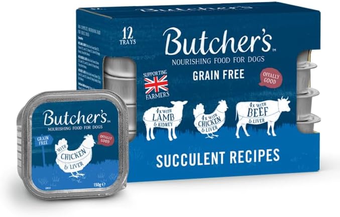 Butcher's grain-free dog food packaging with blue and white design.