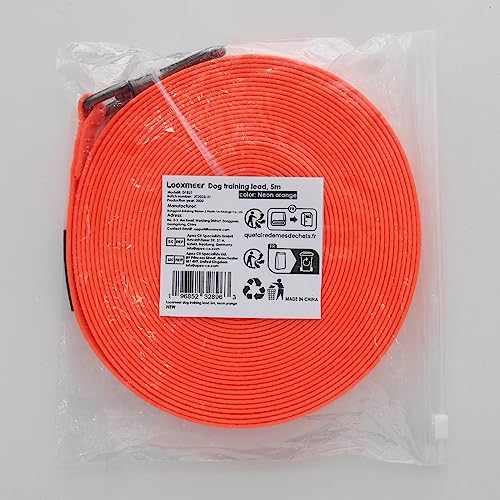 Looxmeer Training Lead for Dogs, 5m(16ft) Extra Long Line Dog Lead, Waterproof Dog Leash with Soft Padded Handle & Storage Bag for Training Recall Obedience, Tracking, Camping Play, Backyard, Orange