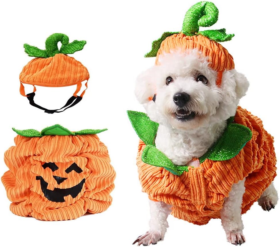 Halloween Pumpkin Dog Costume, Dog Cat Warm Costume Outfit Halloween Pet Cosplay Clothes with Pumpkin Hat for Small Medium Dogs Cats ("M" Size)