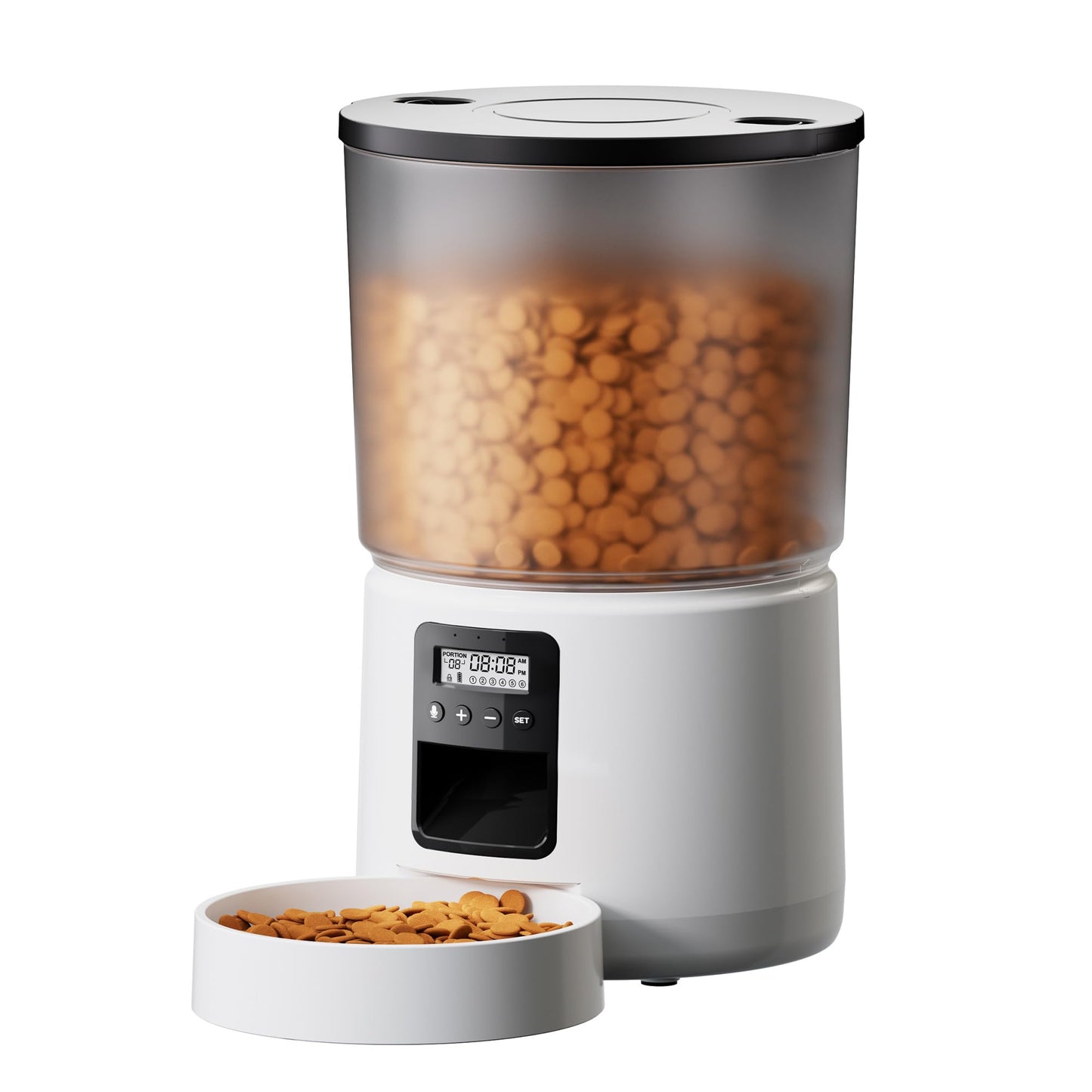 Pet food dispenser with a bowl of kibble on a white background