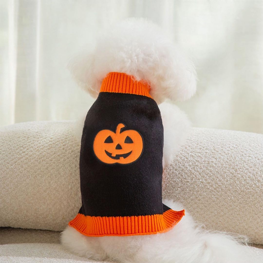 Knitted Pumpkin Dog Costume - Halloween Jumper for Small, Medium & Large Dogs - Funny Party Outfit for Cats & Puppies - Black