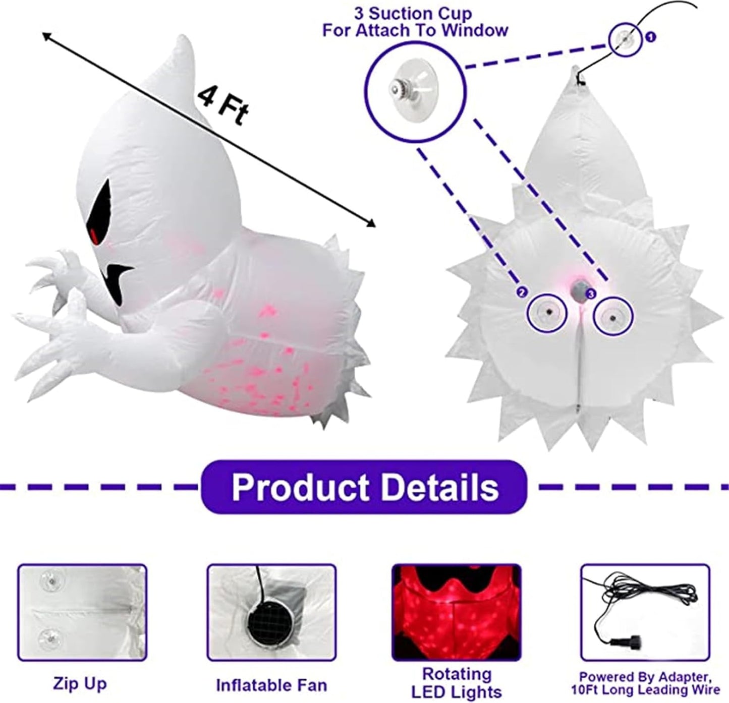 4.5ft Inflatable Scary Flying Ghost - Broke Out From Window - LED Scary Halloween Inflatables - Indoor/Outdoor Decoration