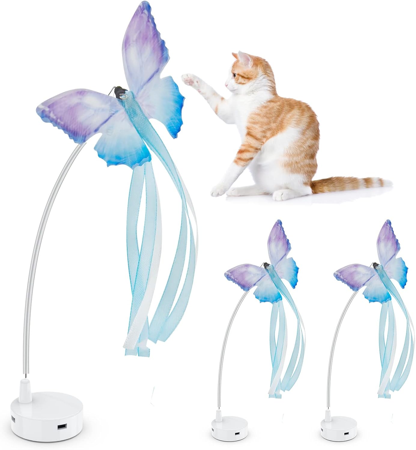 GoldenSun 3-in-1 Interactive Cat Toys for Indoor Cats 2000mAh Type-C Rechargeable Power Balls & Handmade Butterfly Cat Feather Toy Auto On/Off, Cat Teaser with 6 Attachments, Bright White