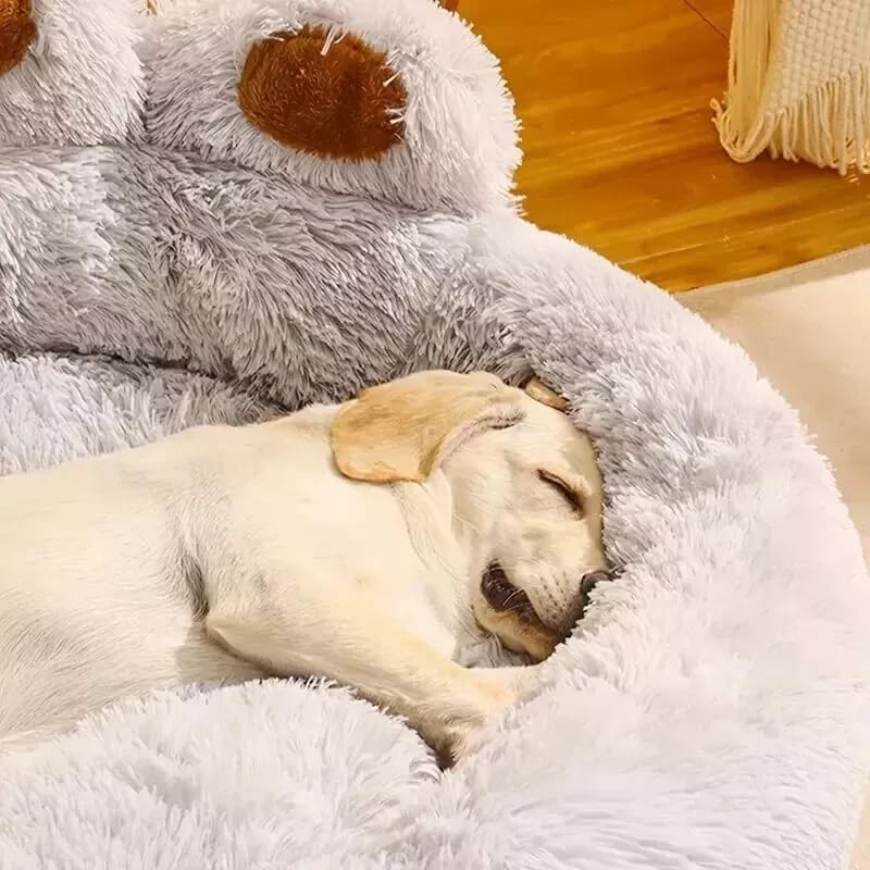 Luxury Calming Paw-Shaped Dog Bed – Ultra Soft Anti-Anxiety Plush Pet Sofa with Non-Slip Base