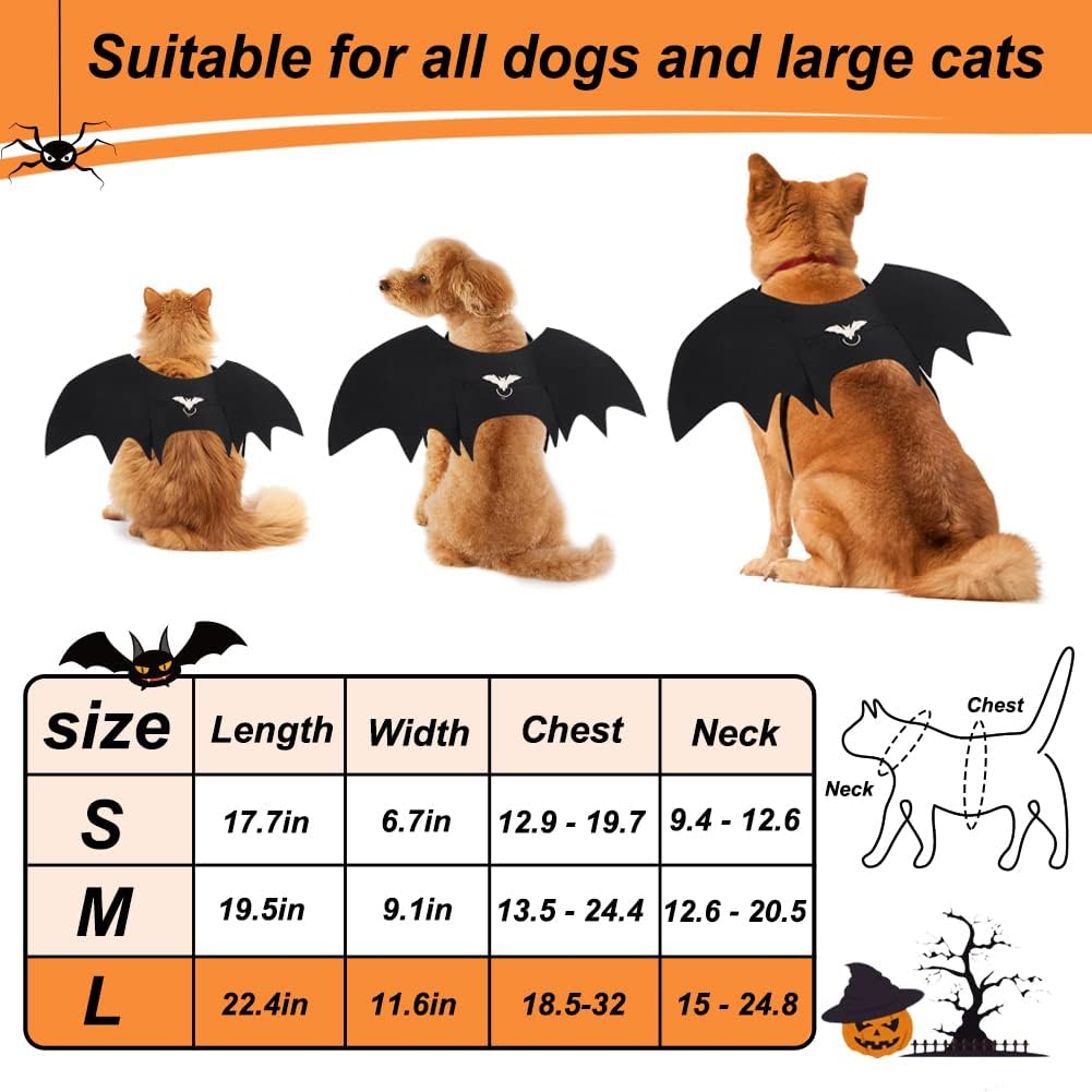 Vivifying Cat Bat Wings, Cat Halloween Costume with Pumpkin Bell, Adjustable Pet Cosplay Costumes for Pet（Neck: 9.4-12.6 in/Chest: 12.9-19.7 in