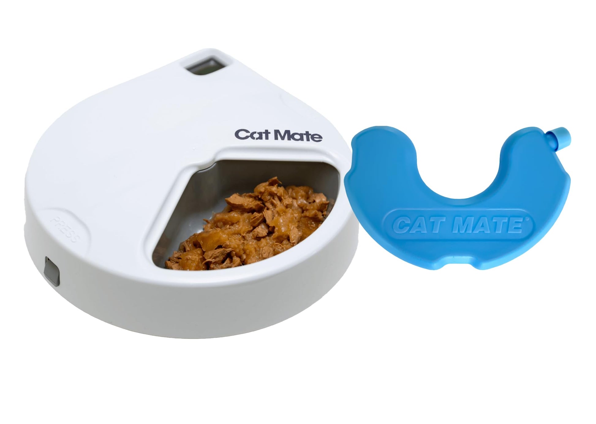 Cat Mate pet feeder with food and a blue lid on a white background
