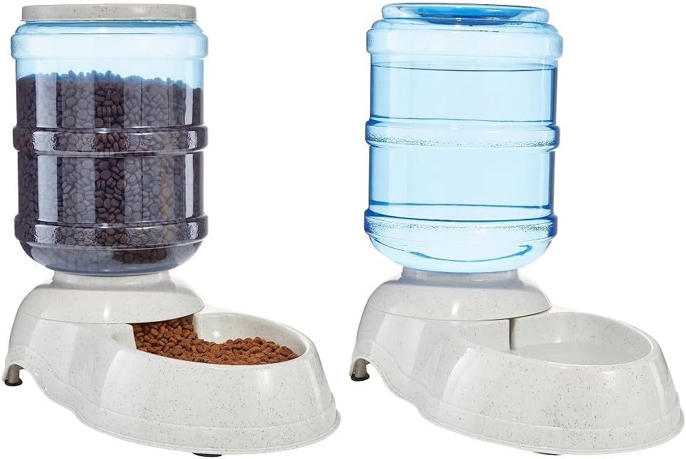 Basics Automatic Dog & Cat Water Dispenser + Gravity Feeder Set – 6lb Food / 1 Gallon Water, Gray (Pack of 2)