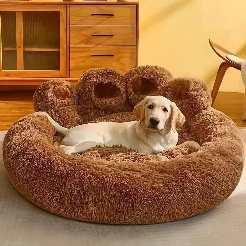 Luxury Calming Paw-Shaped Dog Bed – Ultra Soft Anti-Anxiety Plush Pet Sofa with Non-Slip Base